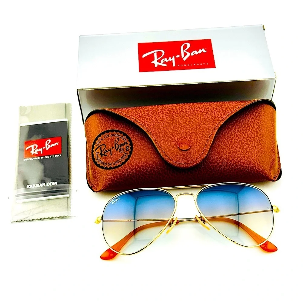 Ray-Ban Aviator Sunglasses RB3025 Blue Gradient Crystal Lens Gold Frame UNISEX! - Picture 15 of 15
